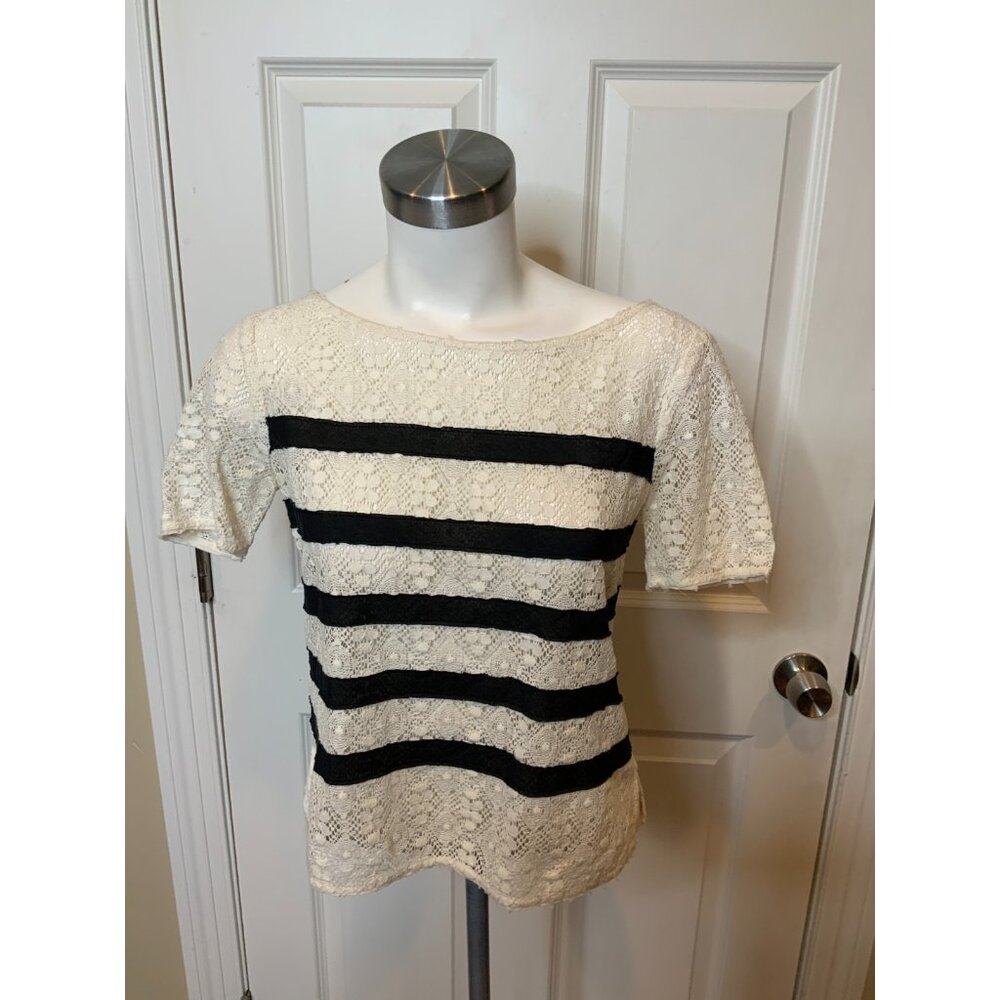 BCBG Max Azria Cream Sheer Lace Black Stripe Tovah Top, Size Small